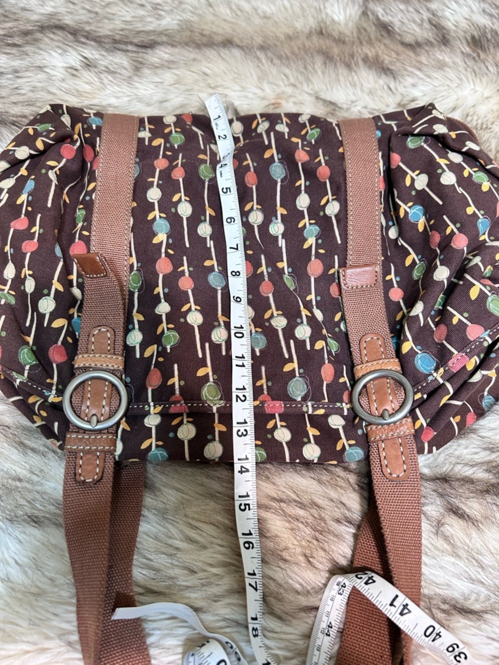 Fossil Brown Canvas Tote with Colorful Dot Stem Print and Green Lined Interior - Picture 5 of 9